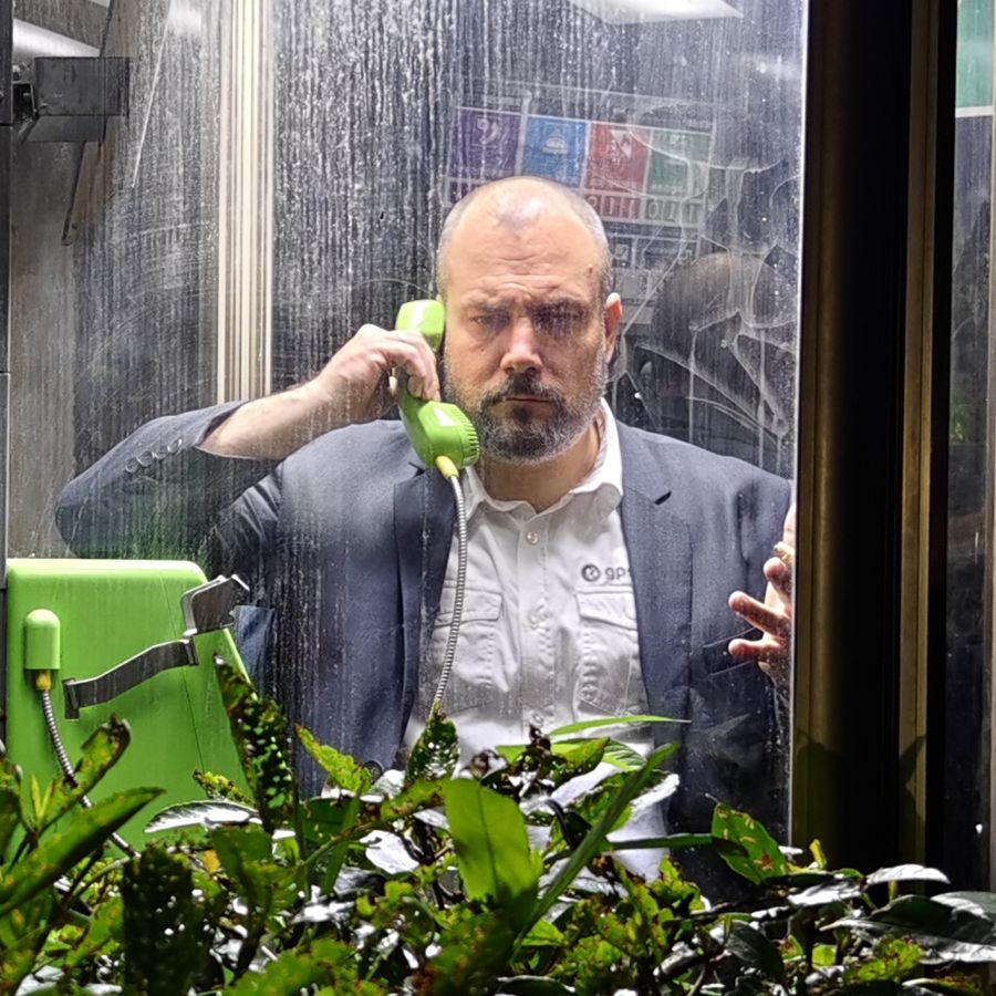 Mátyás Kurta in a phone booth near Tokyo Tower